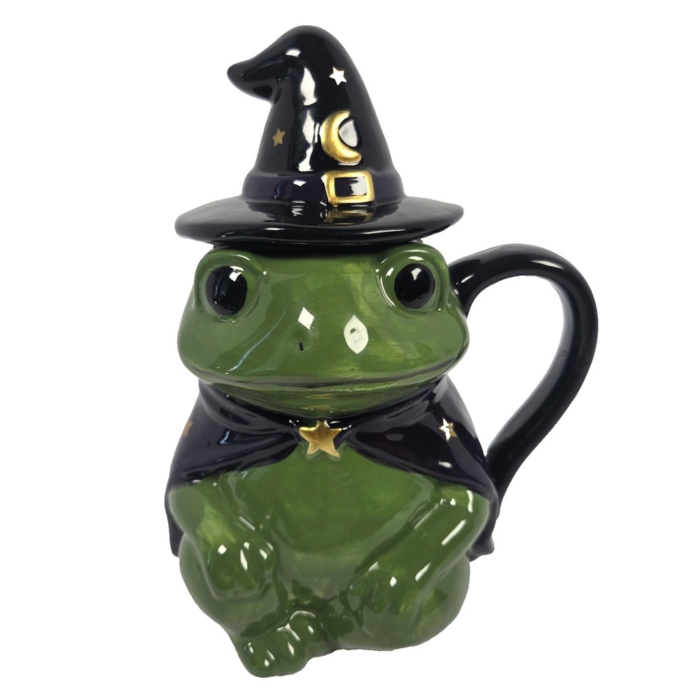 Global Design Haunted Halloween Frog Witch 24 Oz Ceramic Mug Witch Hat Lid